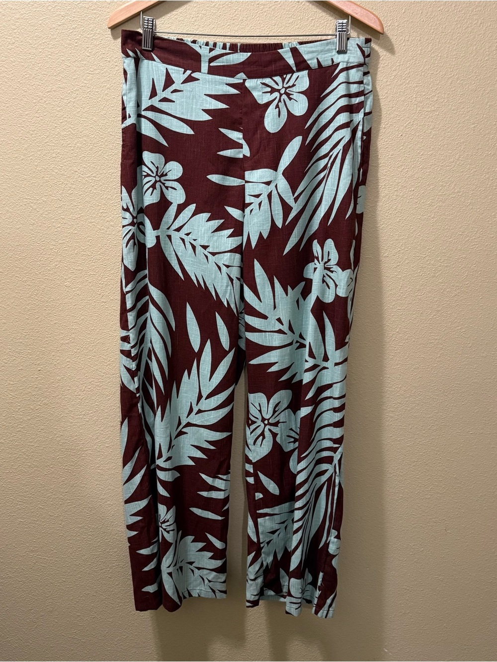 Women’s XL NWT Roxy Brown Mint Green Hawaiian Floral Tropical Wide Leg Pants
